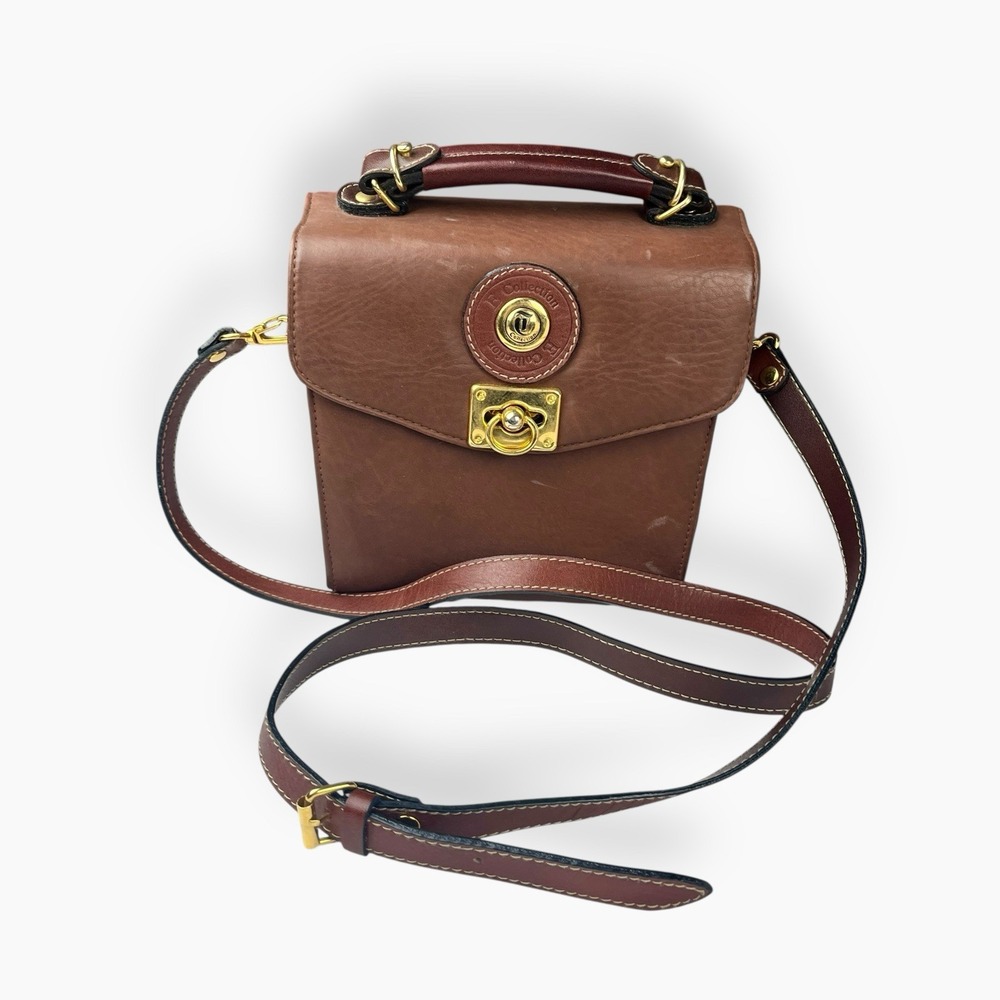 Vintage E Collection Brown Faux‎ Leather Satchel Bag Crossbody Hard Frame Case